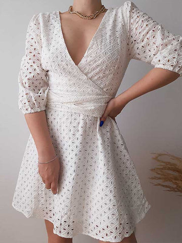 Woochic robe courte unicolore ceinture v-cou manches au coude doux Blanche S